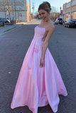 A Line Floor Length Satin Pink Prom Dress With Pockets