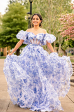 A-line Cute Fairy Ball Tiered Floral Printed Tulle evening gowns Long Prom Dress