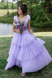 A-Line V Neck Lilac Ruffle Tiered Tulle evening gowns Long Prom Dress