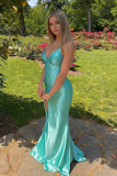 Mermaid Exquisite V Neck Green Silk Satin Long Prom Dresses with Beading