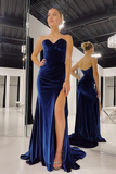 Mermaid Charming Sweetheart Navy Velvet Long Prom Dresses with Slit