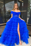 A-line Off the Shoulder Blue Ruffle Tulle evening gowns Long Prom Dress with Slit