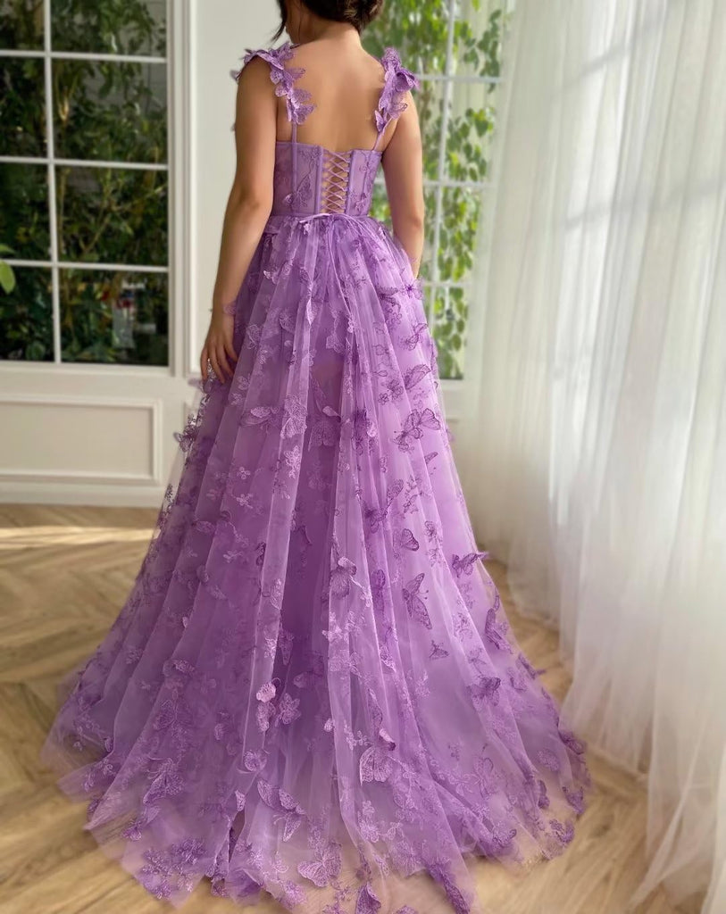 Cute Floral Appliqued Tulle Ball-Gown with 3D Butterfly Accents Mulberry