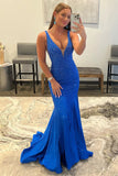 Mermaid Deep V Neck Long Prom Dress with Beading