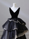 V Neck Tulle Velvet Long Prom Dress