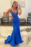 Mermaid Deep V Neck Long Prom Dress with Beading