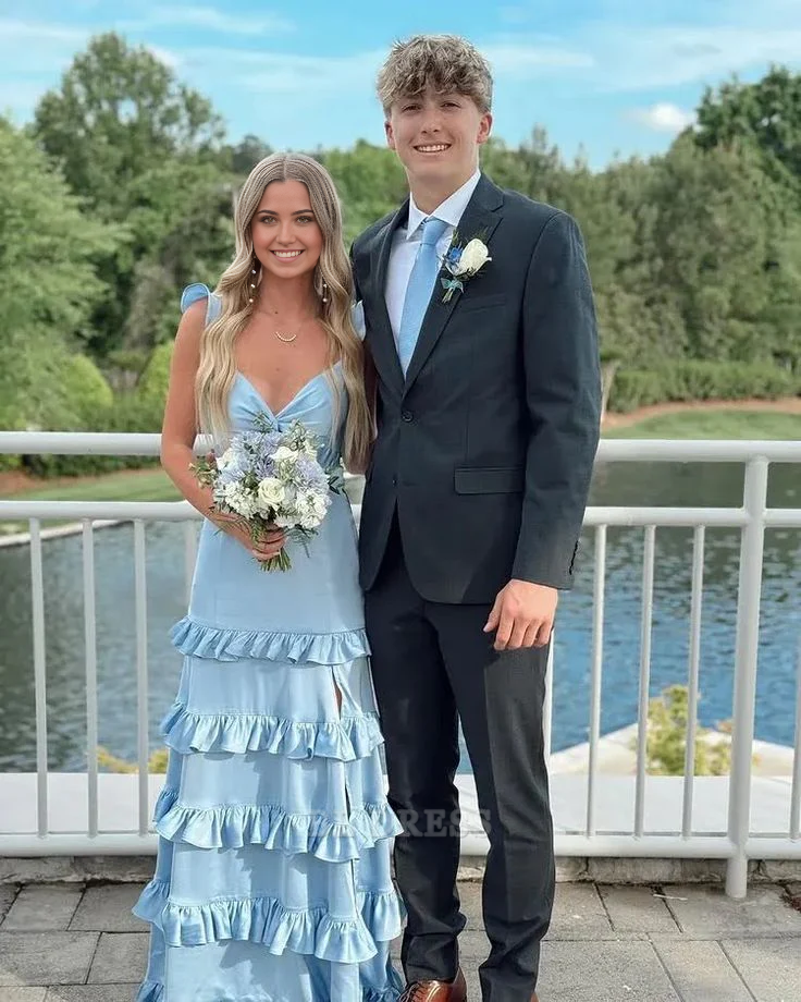 Pretty V Neck Blue A Line Long Wedding Guest Dress Bridesmaid Dress main image 1