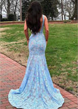 Mermaid Elegant V-neck Open Back Lace Prom Dresses