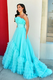 A-line Cute Strapless Blue Ruffle Tiered Tulle Long evening gowns Prom Dress