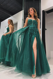 A Line Spaghetti Straps Green Tulle evening gowns Prom Dress with Appliques