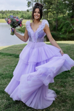 A-Line V Neck Lilac Ruffle Tiered Tulle evening gowns Long Prom Dress