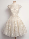 A-line Round Neck Cap Sleeves Short Lace Prom Dress Formal Dresses Graduation Dress