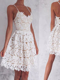 A-line V Neck Lace Short Backless Spaghetti Straps Prom Dress Homecoming Dress