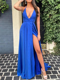 A Line Deep V Neck Long Prom Dresses with Split