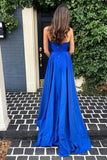 A Line Deep V Neck Long Prom Dresses with Split