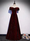 A-Line Off Shoulder V Neck Velvet Long Prom Dress