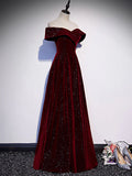 A-Line Off Shoulder V Neck Velvet Long Prom Dress