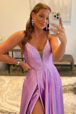 A Line Deep V Neck Long Prom Dress with Beading