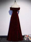 A-Line Off Shoulder V Neck Velvet Long Prom Dress