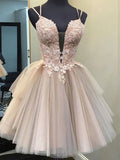 A-line V Neck Tulle Lace Short Prom Dress Short Homecoming Evening Dress