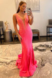 Mermaid Deep V Neck Long Prom Dress with Beading