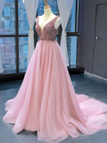 V Neck Elegant Tulle Long Prom Dresses With Beaded Long Formal Evening Dresses