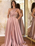 A-Line Evening Gown Celebrity Style Dress Formal Floor Length Sleeveless One Shoulder Satin with Ruched Slit