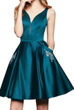 A Line V Neck Satin Beaded Homecoming Dresses with Pockets