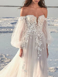 A Line Beaching Off-The-Shoulder Court Train Wedding Dress