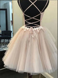 A-line V Neck Tulle Lace Short Prom Dress Short Homecoming Evening Dress