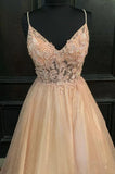 A Line Cute V Neck Lace Long Prom Dresses