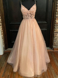 A Line Cute V Neck Lace Long Prom Dresses