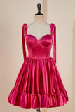 A-line Bow Tie Straps Ruffled Satin Homecoming Dress