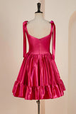 A-line Bow Tie Straps Ruffled Satin Homecoming Dress