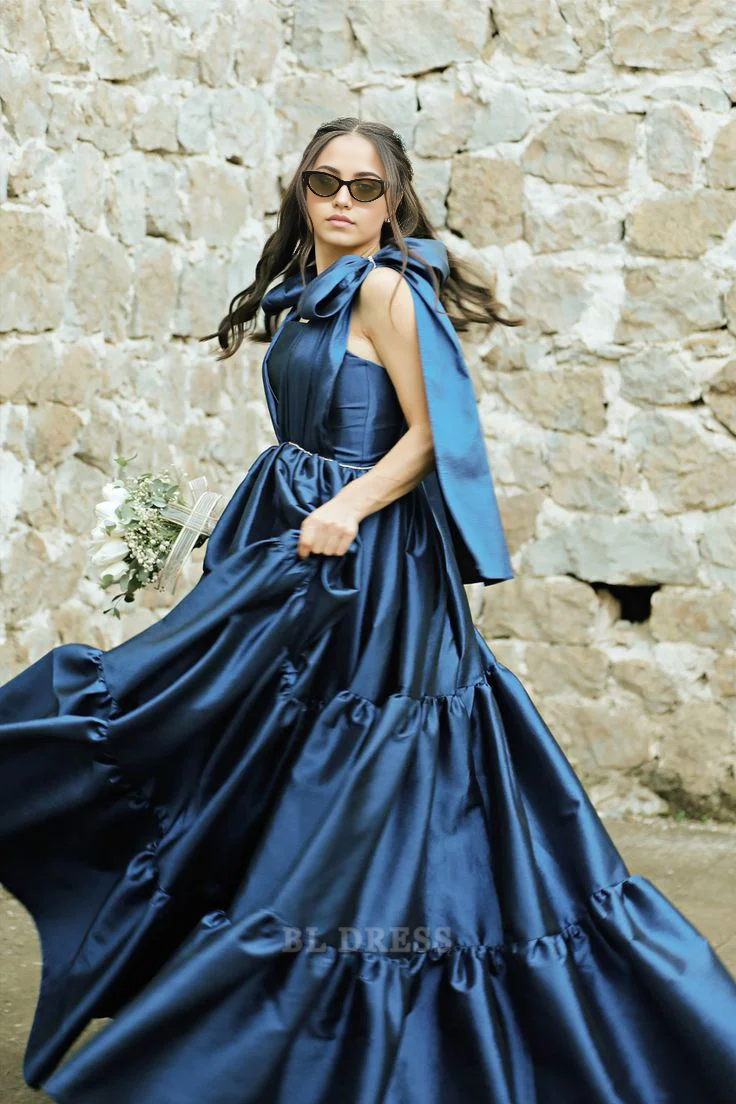 Navy Blue - Strapless Satin Beaded A Line Long Prom Dresses With Bow