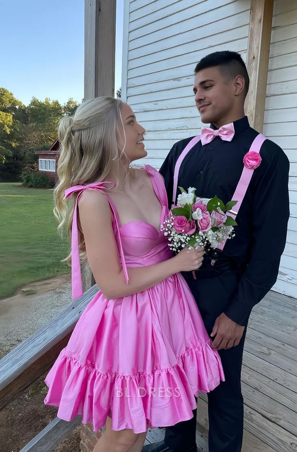 A Line Sweetheart Pink Satin Pleats Prom Dress LBQ4051 main image 1