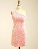 One-Shoulder Rose Pink Homecoming Dress With Sequins