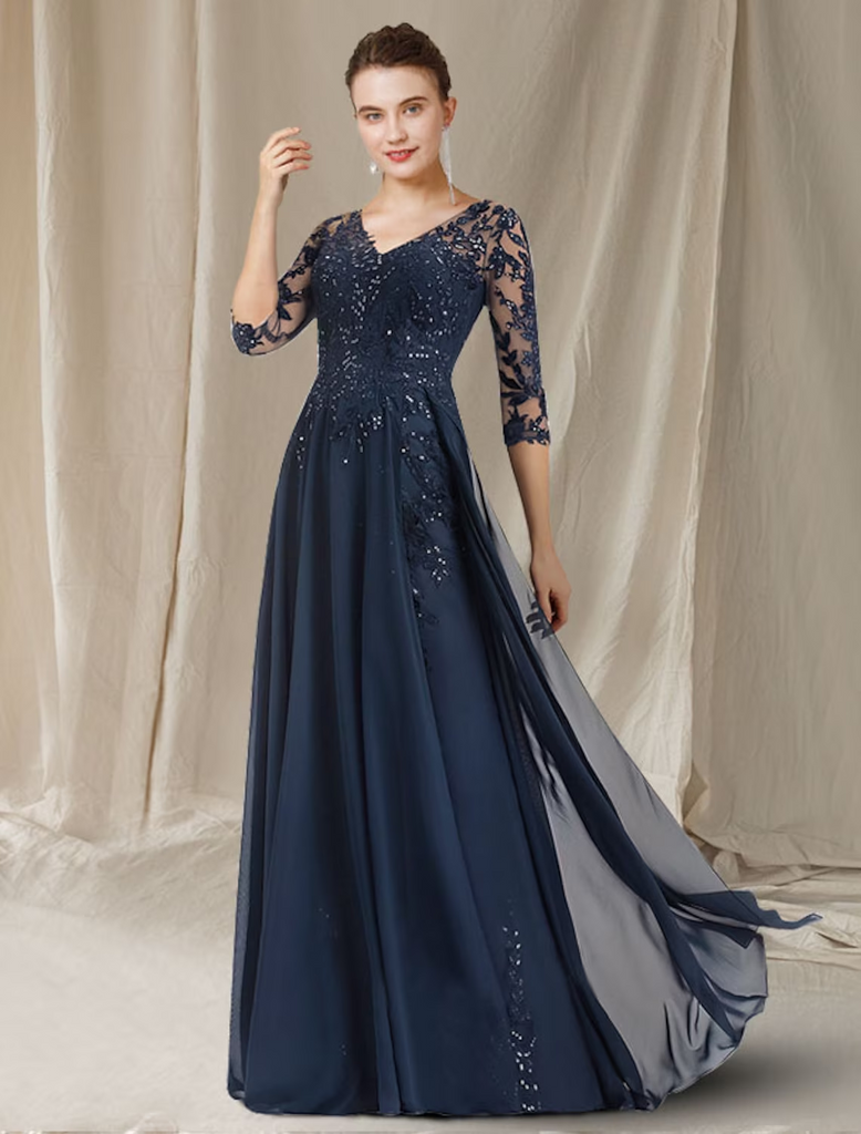 A-Line Mother of the Bride Dress Elegant V Neck Floor Length Chiffon L ...