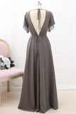 Short Sleeves Chiffon Long Bridesmaid Dress Wedding Party Formal Dress