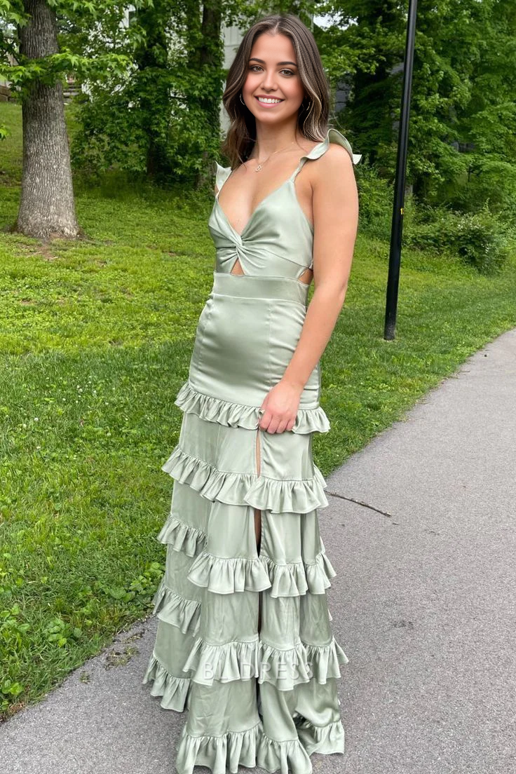 A-Line/Elegant Satin Sleeveless Ruffles V-neck Prom Dresses