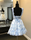 A-Line Floral Prints Ruffled Straps Corset Homecoming Dress