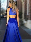 A Line Halter Open back Satin Long Prom Dresses With Slit