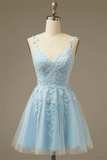 A-line V Neck Appliques Tulle Mini Homecoming Dress