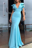 Mermaid Deep V Neck Bridesmaid Dress with Ruffles Sleeves