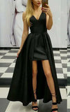 Deep V Neck Satin High Low Prom Homecoming Dress