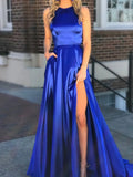 A Line Halter Open back Satin Long Prom Dresses With Slit