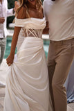 Mermaid Boho Strapless Satin Short Sleeves Wedding Dress