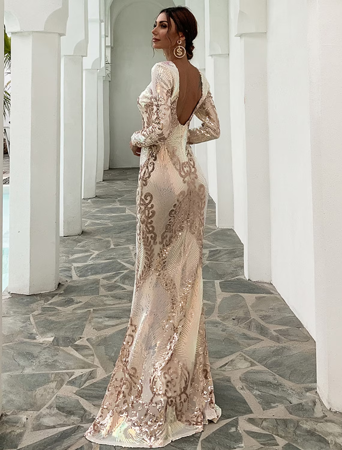 Mermaid / Trumpet Evening Gown Sexy Dress Formal Sweep / Brush Train Long Sleeve Jewel Neck Polyester Backless with Sequin
