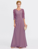 A-Line Mother of the Bride Dress Plus Size Elegant See Through V Neck Floor Length Chiffon Half Sleeve with Appliques Side Draping