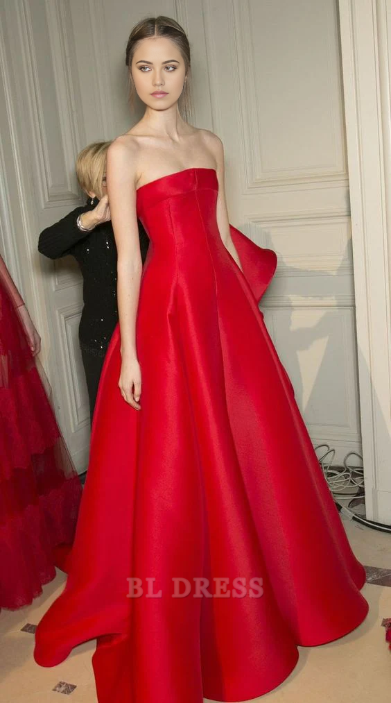 Glamorous A-Line Strapless Satin Red Floor-Length Prom Dress main image 1